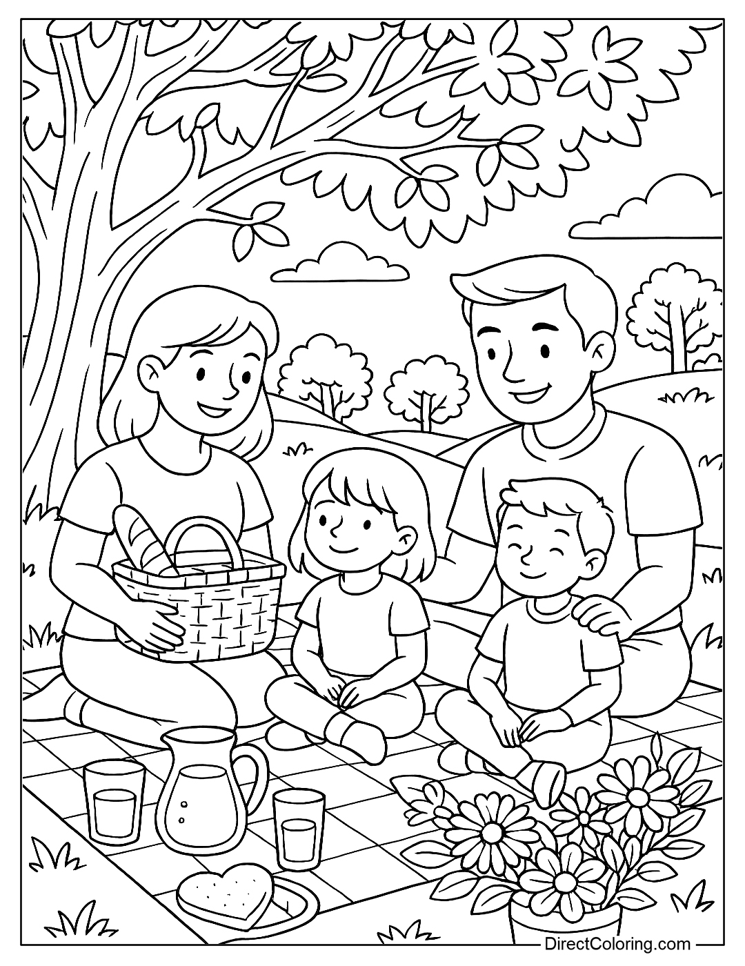 coloring page The whole family sits on a picnic under a tree, with a basket of bread, juice and fresh flowers